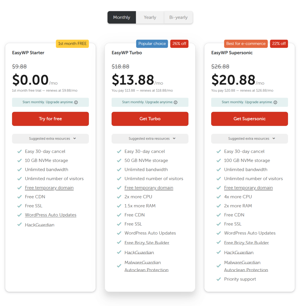 Namecheap EasyWP 托管 WordPress 主机定价对比表：EasyWP Starter、EasyWP Turbo 和 EasyWP Supersonic 方案