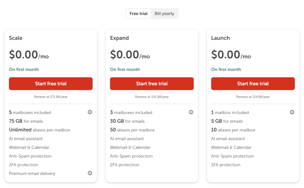 企业邮箱定价方案对比表：Scale、Expand 和 Launch 选项，带首月免费试用优惠
