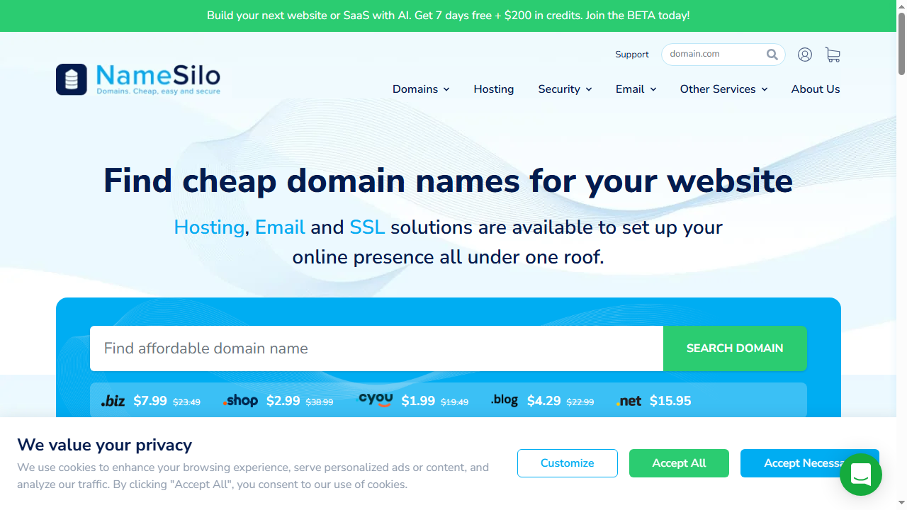 NameSilo 官网首页截图