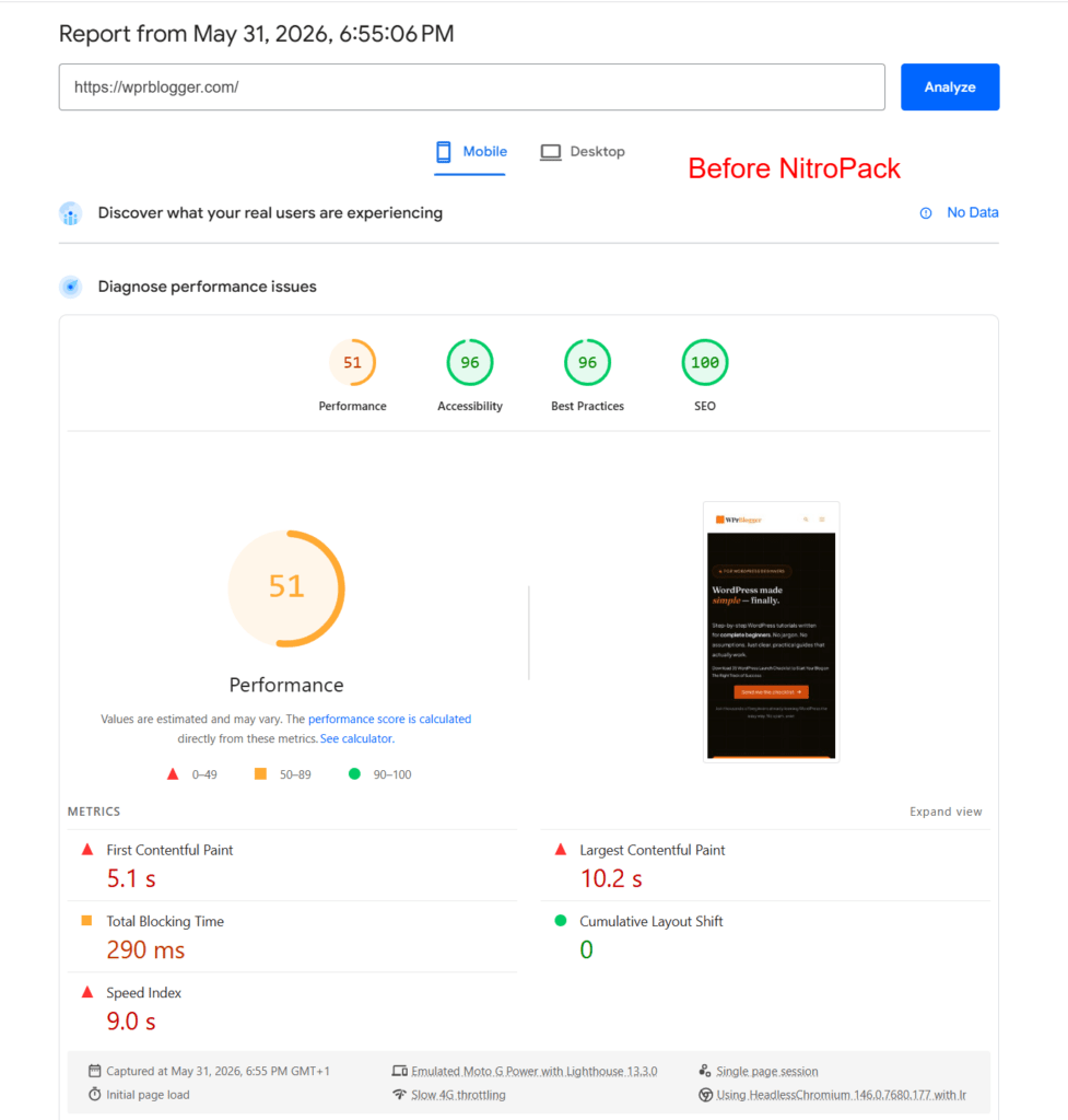 PageSpeed Insights 移动性能报告：显示配置 NitroPack 前未优化的速度指标