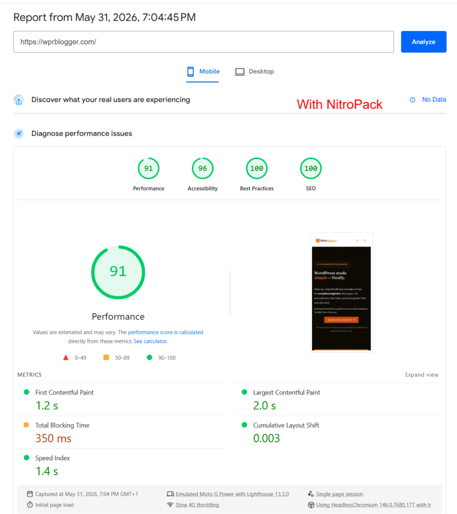 PageSpeed Insights 移动性能报告：显示带 NitroPack 的优化速度优化案例研究