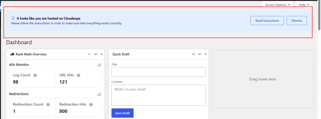 WordPress 后台仪表盘：NitroPack 在顶部显示 Cloudways 托管通知横幅
