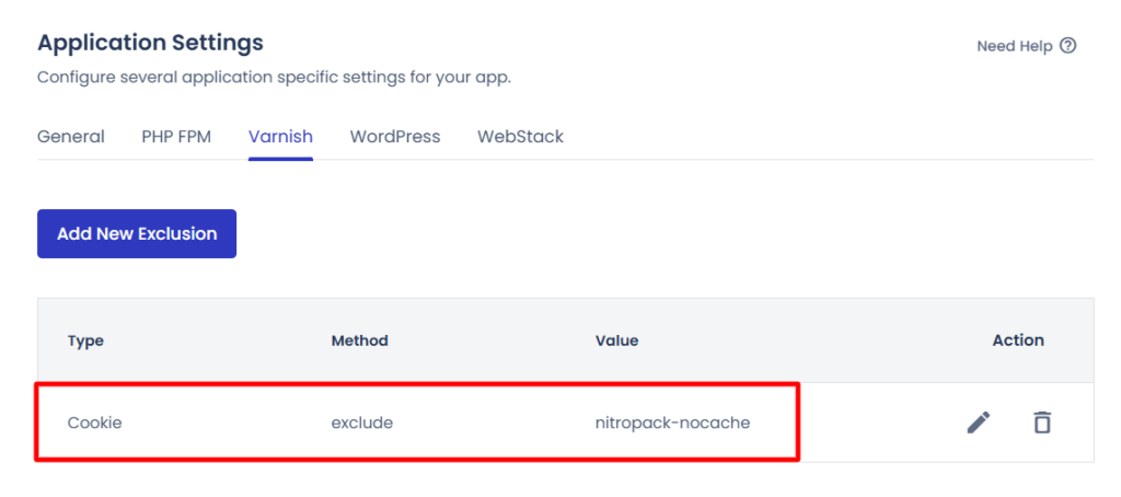 Cloudways 应用设置界面：Varnish 标签页高亮显示为 nitropack-nocache Cookie 设置的缓存排除规则
