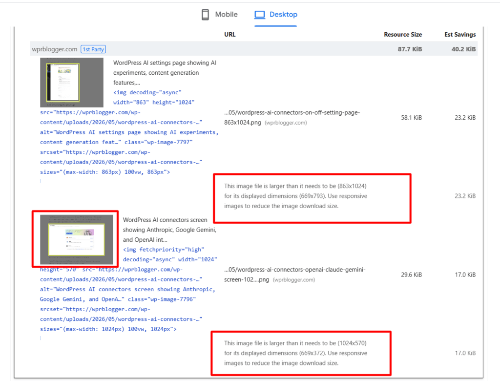 PageSpeed Insights 桌面性能报告：突出显示使用响应式图片的机会，显示比显示尺寸更大的特定图片文件