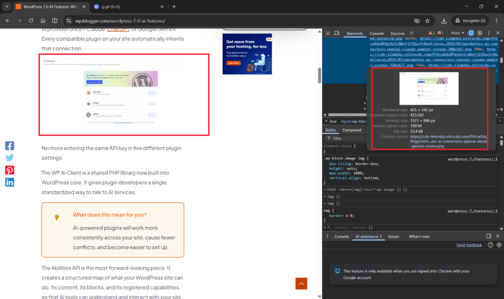 Chrome DevTools 检查通过 NitroPack CDN 服务的压缩图片的渲染和固有尺寸