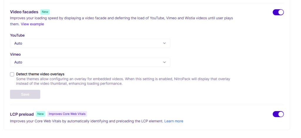 NitroPack 视频外观开关启用，带 YouTube 和 Vimeo 选项，随后是启用的 LCP 预加载功能开关，旨在改善 Core Web Vitals