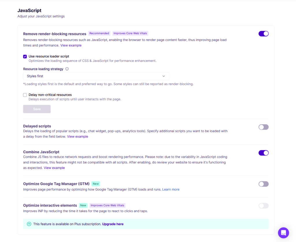 NitroPack JavaScript 设置：移除渲染阻塞资源、启用合并 JavaScript 开关，以及高级 Core Web Vitals 优化选项