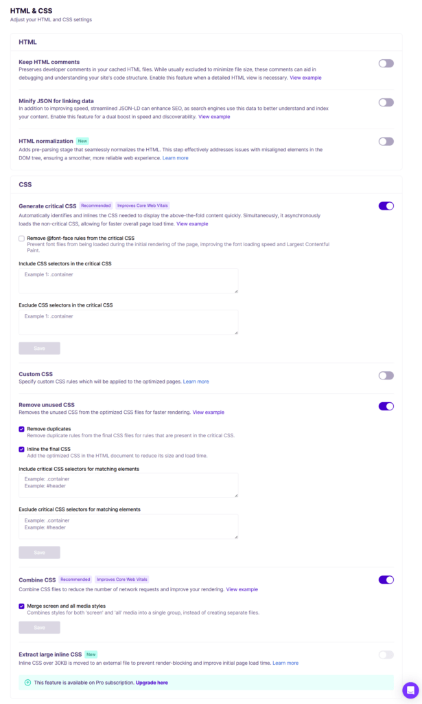 NitroPack HTML 和 CSS 设置：启用生成关键 CSS、移除未使用 CSS 和合并 CSS 选项，带各种文本排除字段