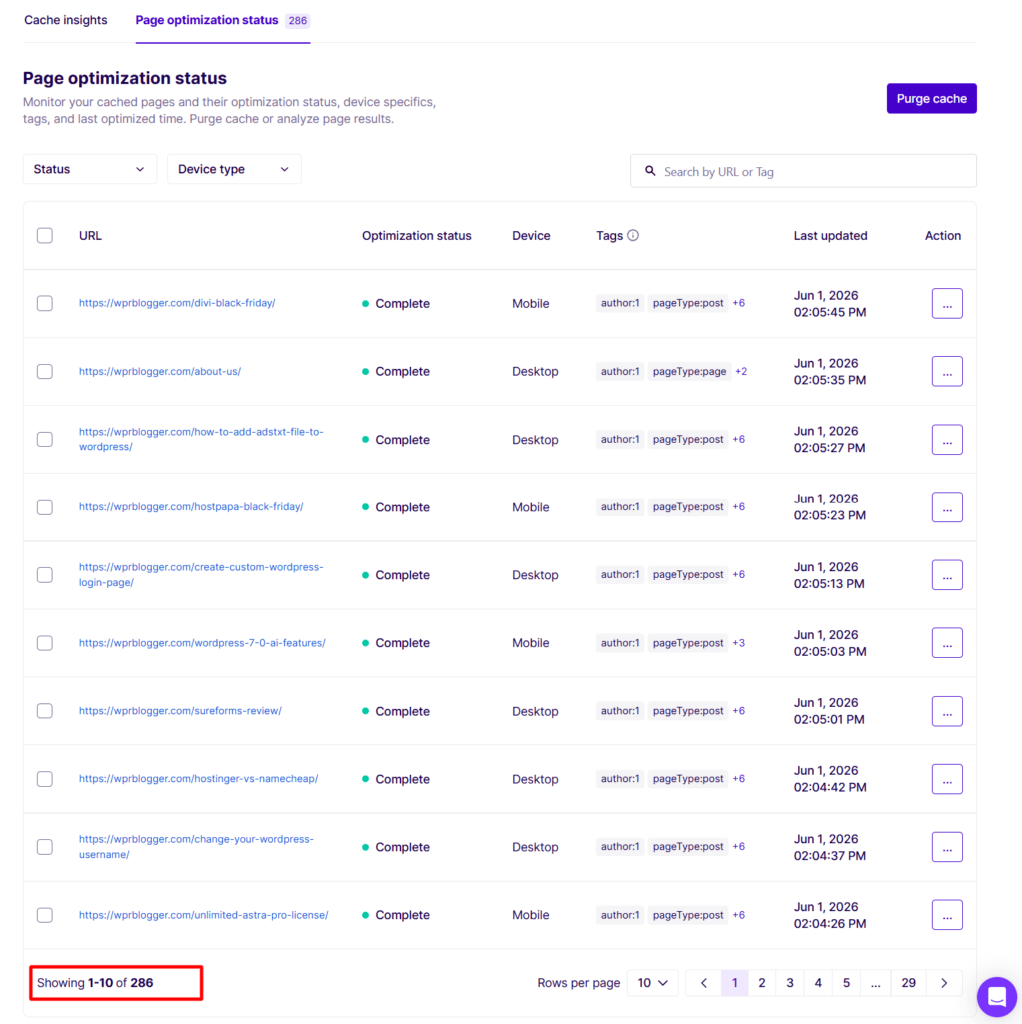 NitroPack 页面优化状态：优化的网站 URL 列表、优化状态完成、设备类型、标签和最后更新时间戳