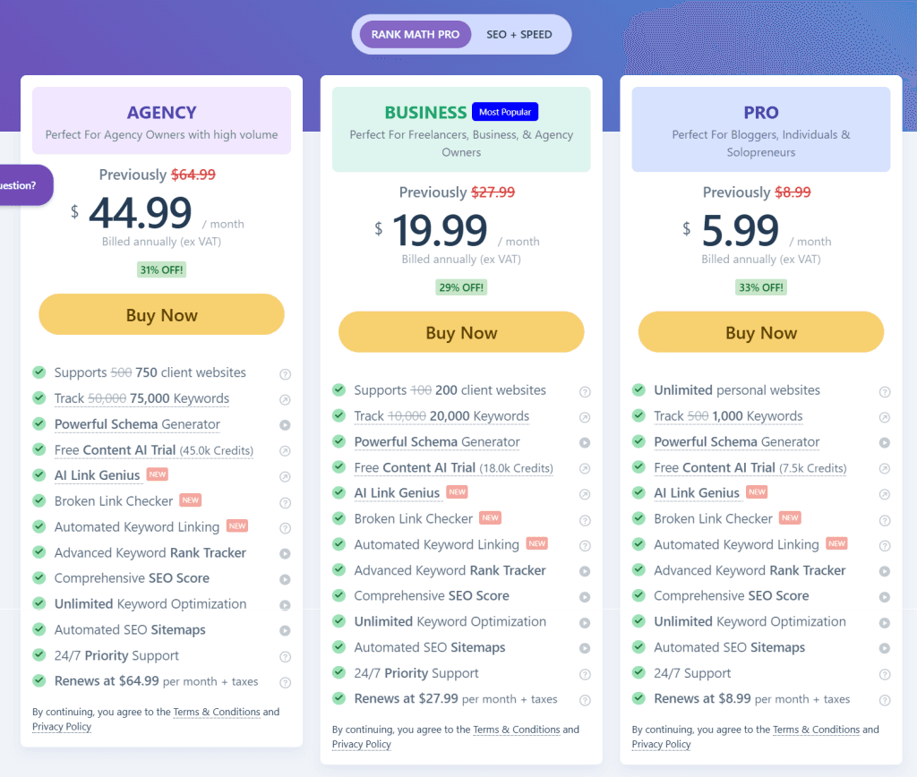 Rank Math SEO 插件定价表：显示 Agency、Business 和 Pro 方案，带折扣春季促销价和 Rank Tracker、Schema 生成器等功能列表
