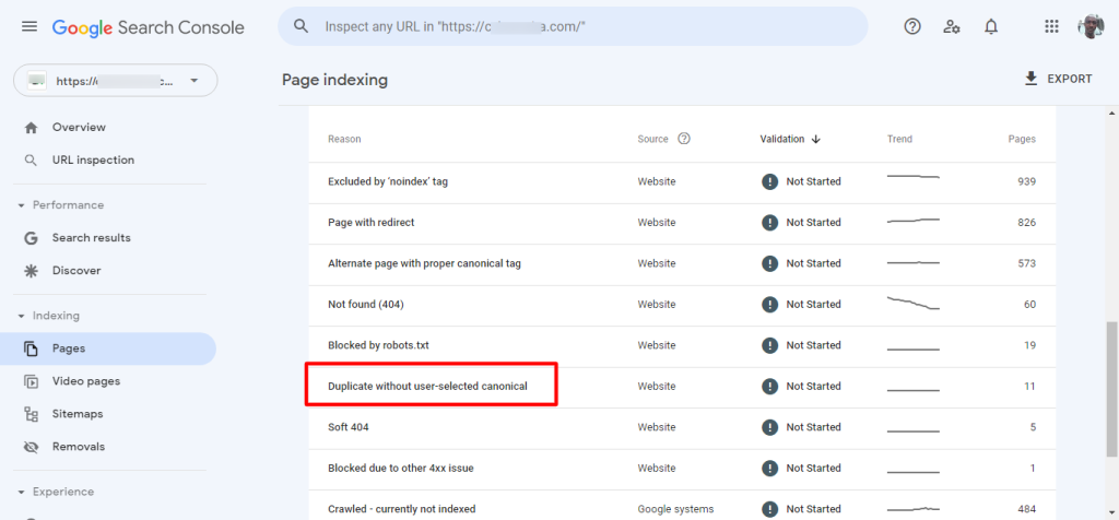 Search Console 重复 URL 报告