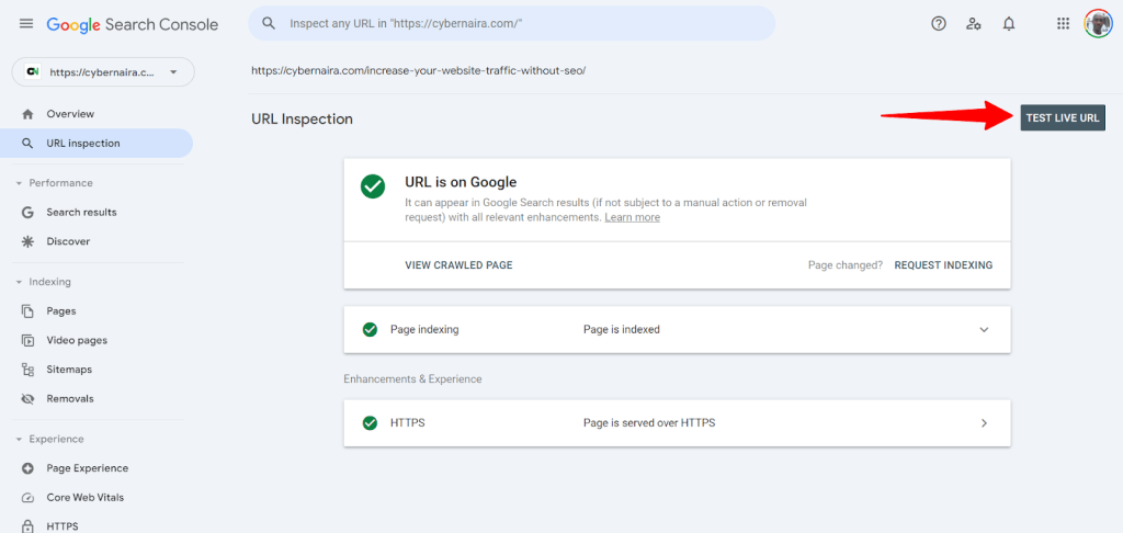 Google Search Console - 测试实时 URL 按钮