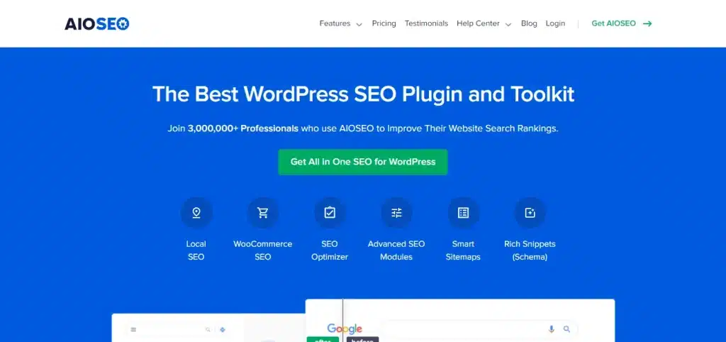All in One SEO 落地页:显示本地 SEO、WooCommerce、优化器、模块、站点地图和丰富摘要图标