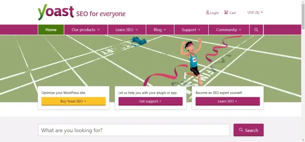 Yoast SEO 首页:田径插画,跑步者冲过终点线