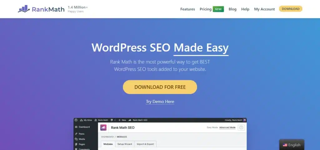 Rank Math 首页:紫色渐变背景和 WordPress SEO 工具仪表盘预览