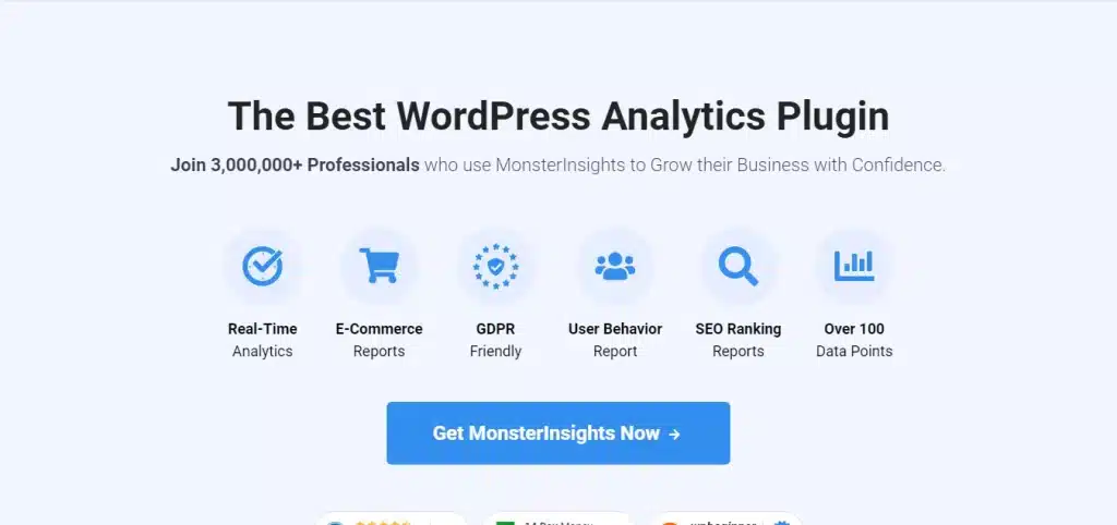 MonsterInsights 落地页:实时分析、电商报告、GDPR 合规、用户行为和 SEO 排名图标