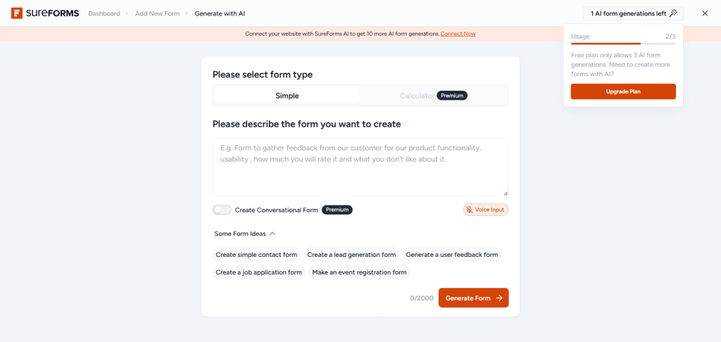 SureForms AI 提示页面生成表单