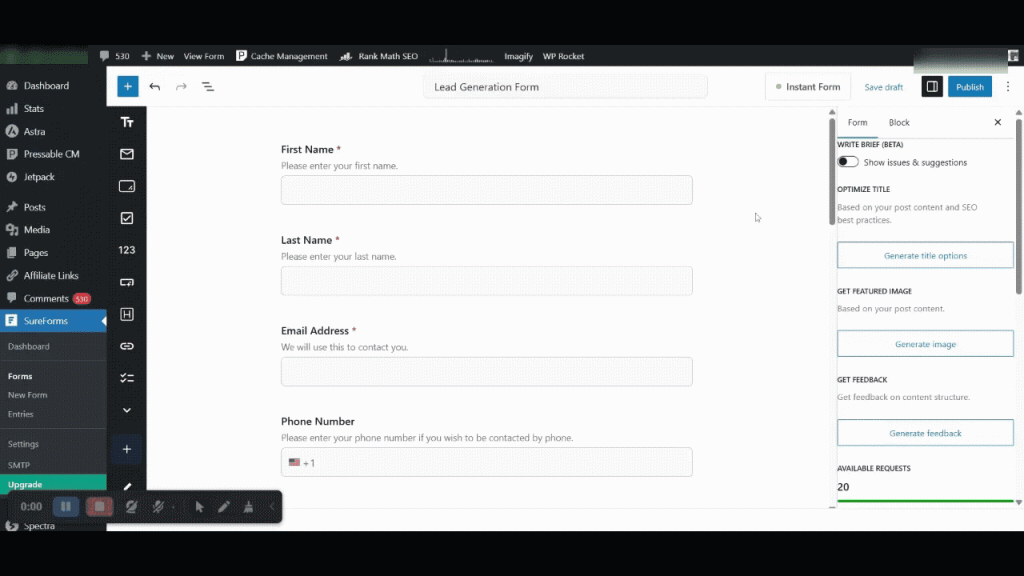用 SureForms AI 创建的线索生成表单示例