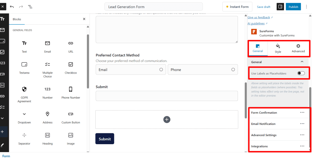 SureForms 表单定制面板示例