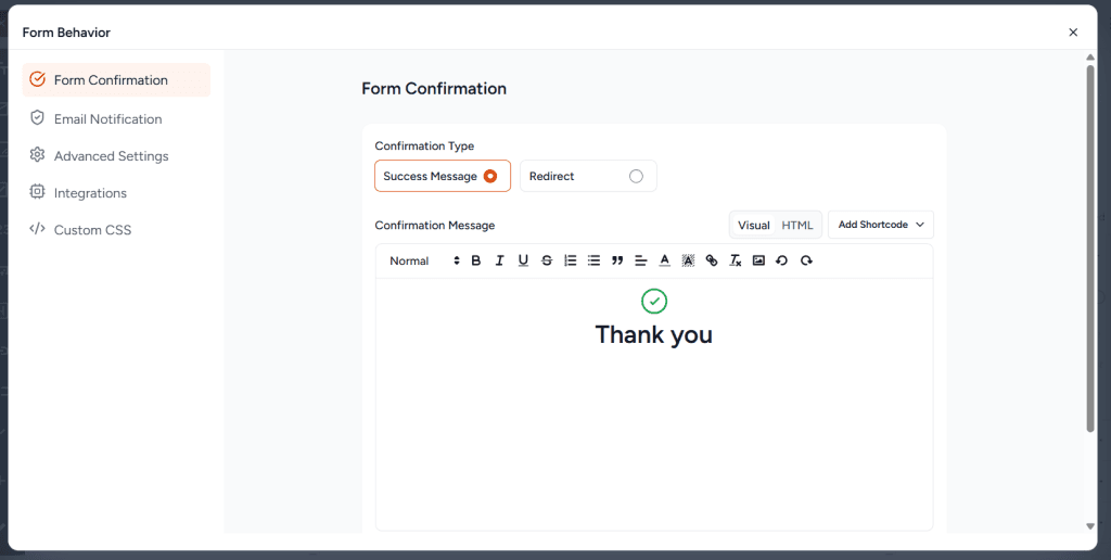 SureForms 表单行为设置页面