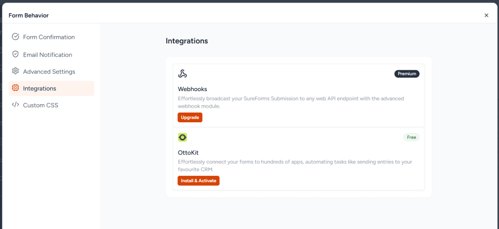 SureForms 集成设置页面