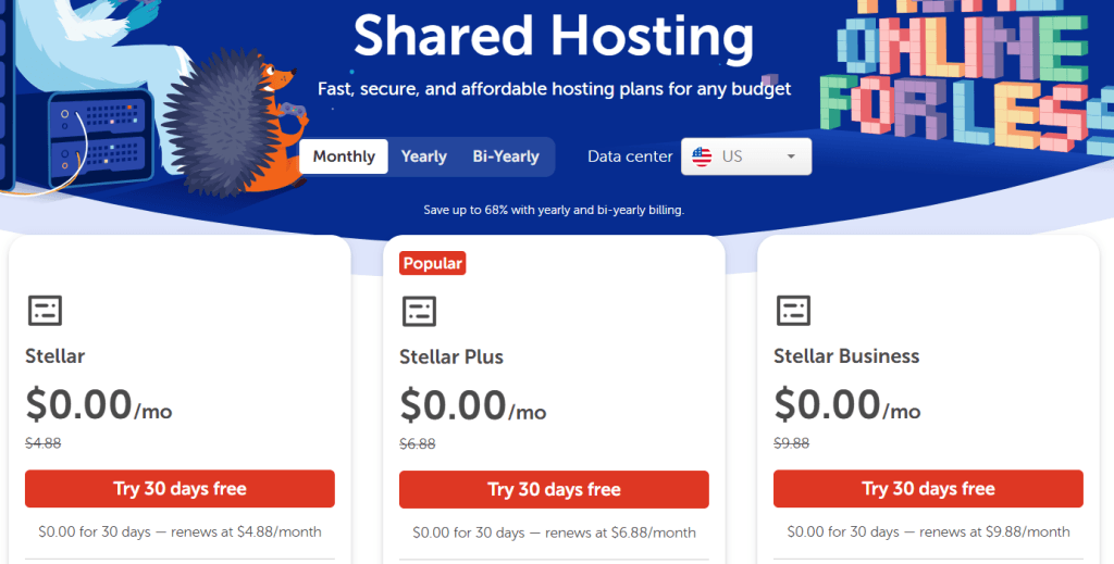 Namecheap 共享主机方案页面：Stellar、Stellar Plus 和 Stellar Business 选项，带 30 天免费试用按钮