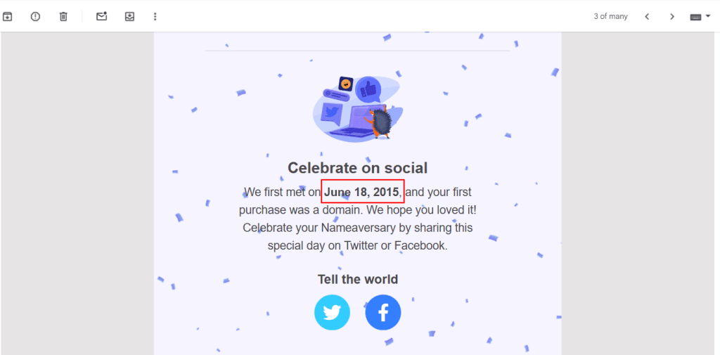 Namecheap 邮件通知：庆祝第 9 个 Nameaversary，日期 2015 年 6 月 18 日