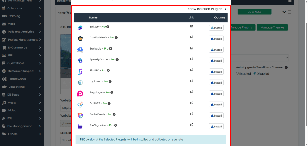 Softaculous WordPress 插件安装器：显示可用 Pro 插件列表，如 SoftWP、Backuply、SiteSEO、Loginizer 和 PageLayer