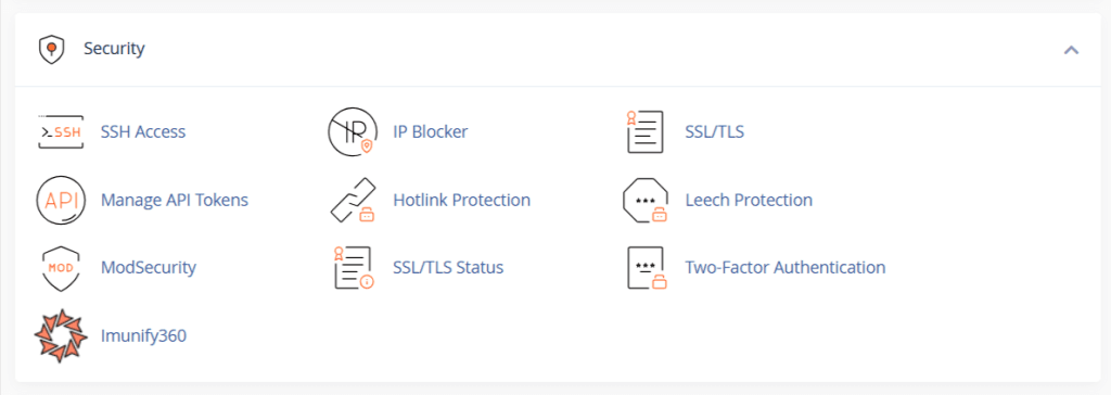 cPanel 界面安全工具菜单：显示 SSH 访问、IP 阻止器、SSL/TLS、API 令牌、Hotlink Protection、Leech Protection、ModSecurity 和双因素认证图标