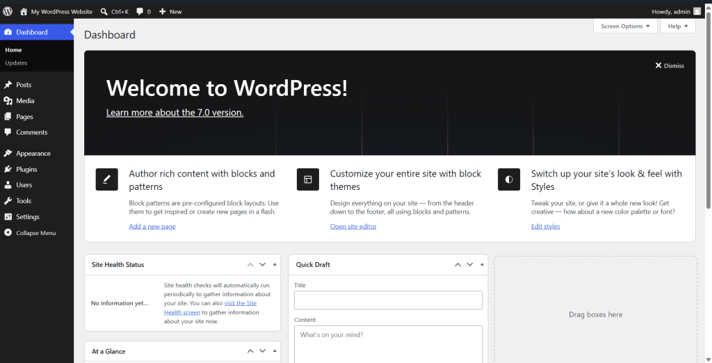 WordPress 7.0 仪表盘界面：显示欢迎面板、站点编辑器选项、快速草稿区块和 WordPress 后台菜单