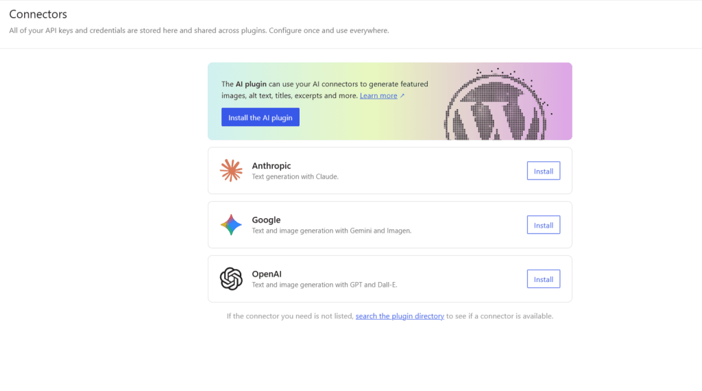 WordPress AI 连接器界面：显示 Anthropic、Google Gemini 和 OpenAI 集成选项