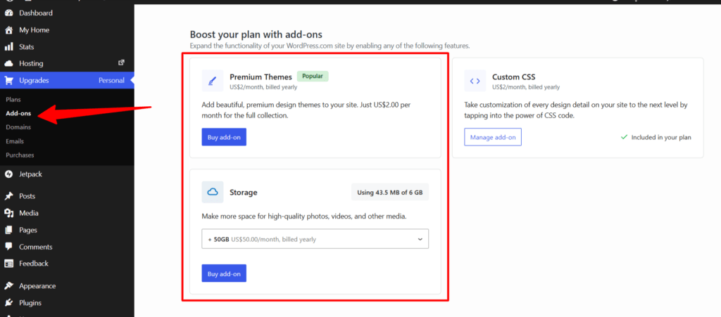 WordPress.com 附加组件页面：显示 Personal 方案可用升级，包括高级主题、额外存储和自定义 CSS 选项
