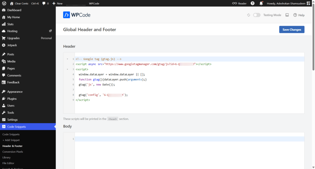 WPCode 插件显示插入 Global Header 输入字段的 Google Analytics 追踪脚本