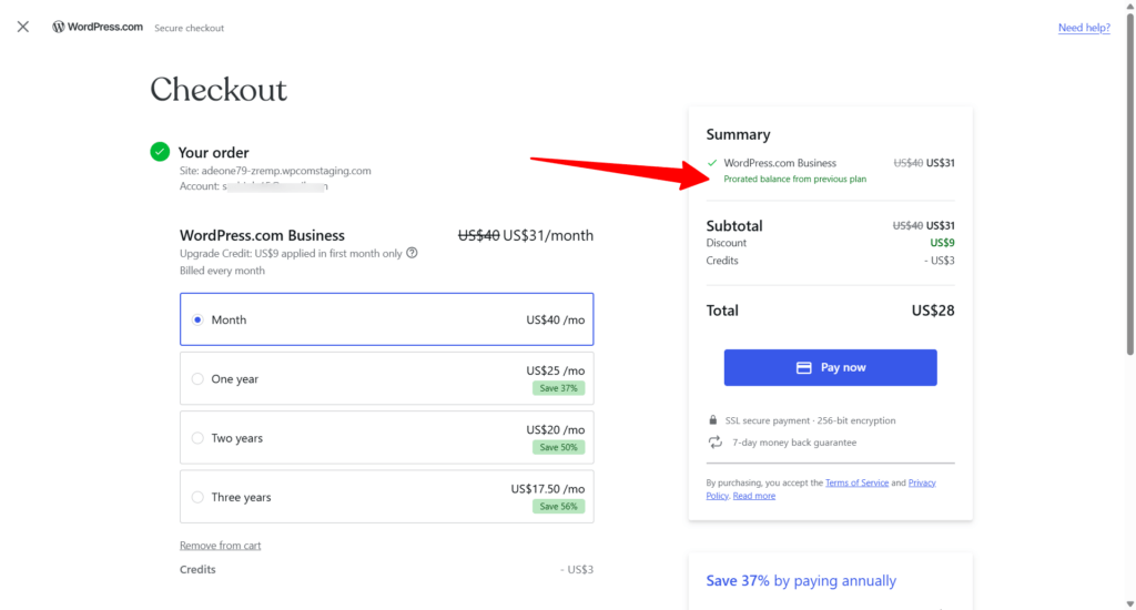 WordPress.com Business 方案升级安全结账页:显示前一方案的按比例计算余额