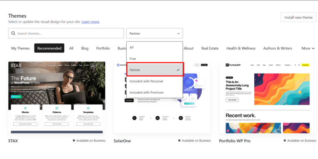 WordPress.com 主题页面:显示推荐主题标签页,Partner 筛选器选中显示平台可用合作伙伴主题