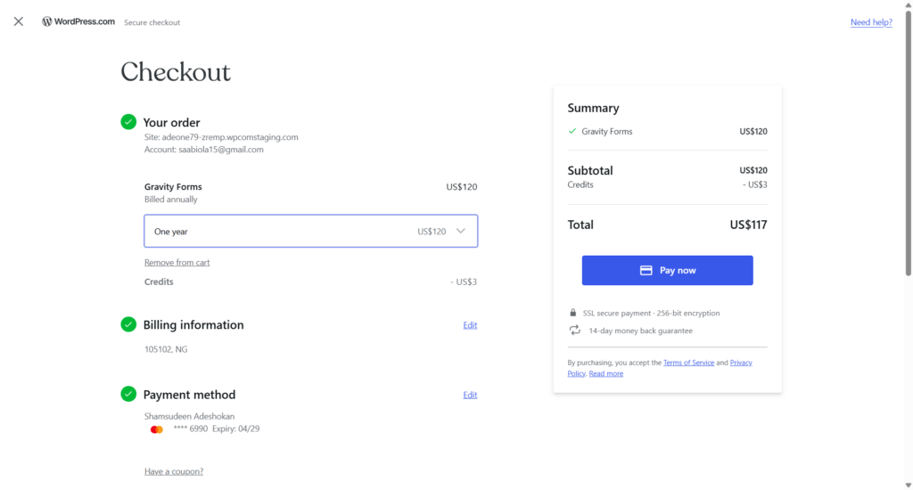 WordPress.com 安全结账页:按年计费 120 美元购买 Gravity Forms,显示订单详情、账单信息、Mastercard 支付方式和摘要框