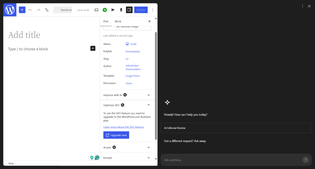 WordPress 块编辑器:扩展的设置侧边栏显示文章详情,右侧深色主题 AI 聊天覆盖显示 AI Editorial Review 等选项