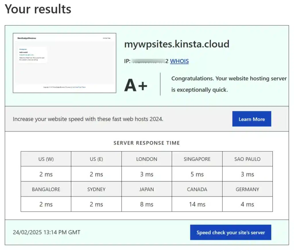 Kinsta 托管网站的服务器响应时间速度测试结果:显示 A+ 评级和快速全球响应时间