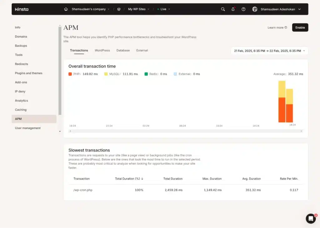 Kinsta APM 仪表盘:显示 WordPress 网站总事务时间分解和 PHP 性能监控指标