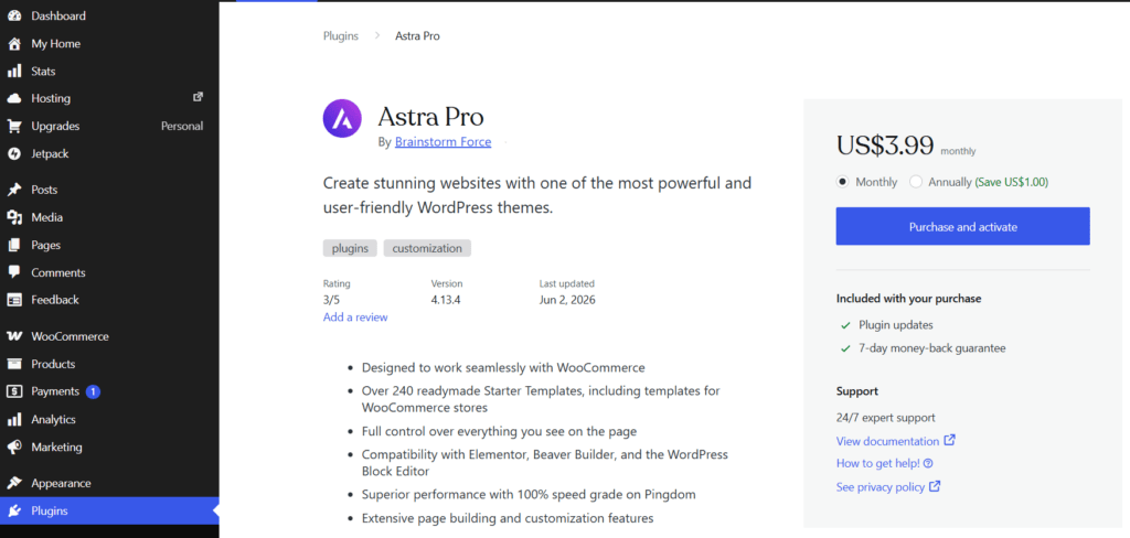WordPress 仓库中 Brainstorm Force 的 Astra Pro 插件:显示月度定价和购买激活按钮