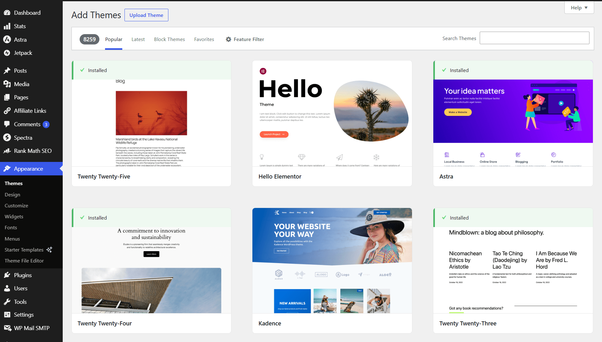 WordPress 后台添加主题目录页:显示热门网站设计选项选择网格