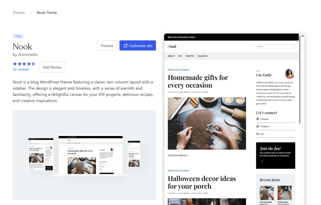 WordPress 仓库中 Automattic 的 Nook 主题详情页:显示布局描述、自定义网站按钮和右侧实时设计预览