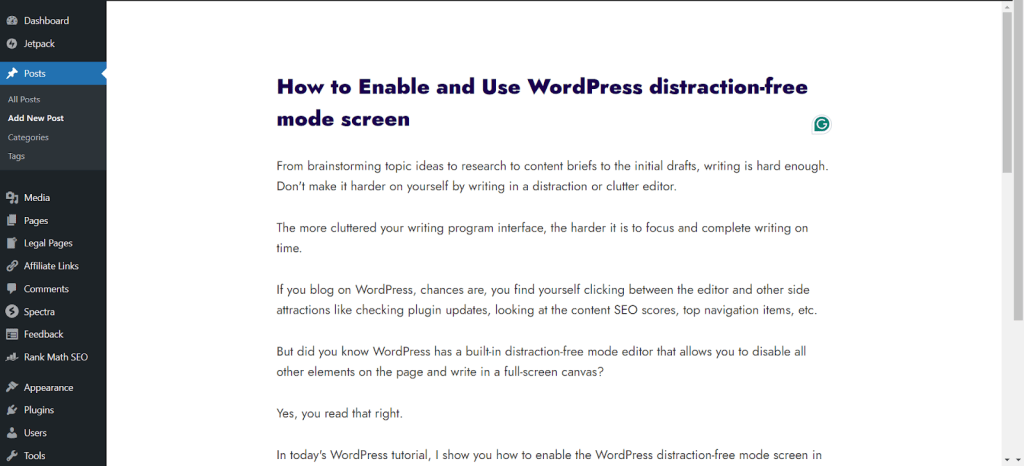无干扰模式 - WordPress 块编辑器