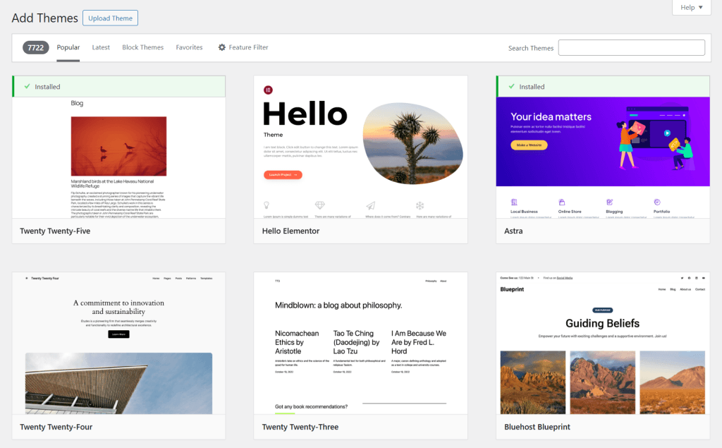 后台仪表盘中的 WordPress 主题目录