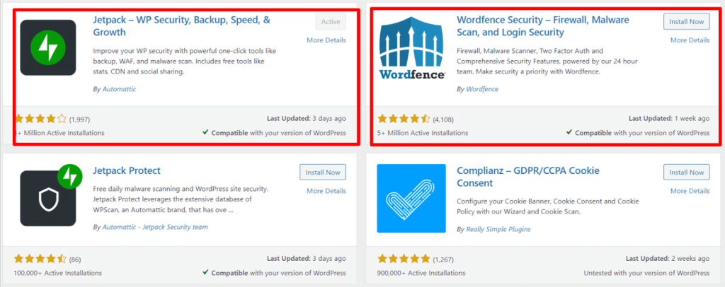 显示 Jetpack Security 插件的 WordPress 插件列表界面