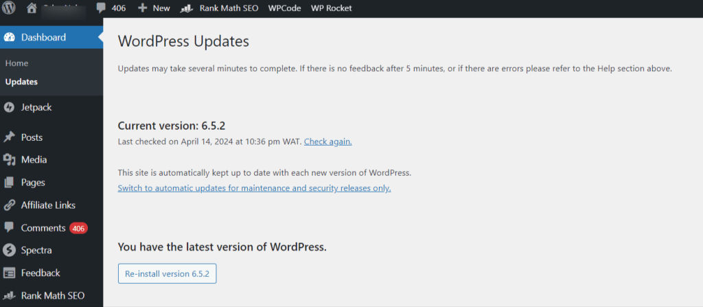 WordPress 更新仪表盘