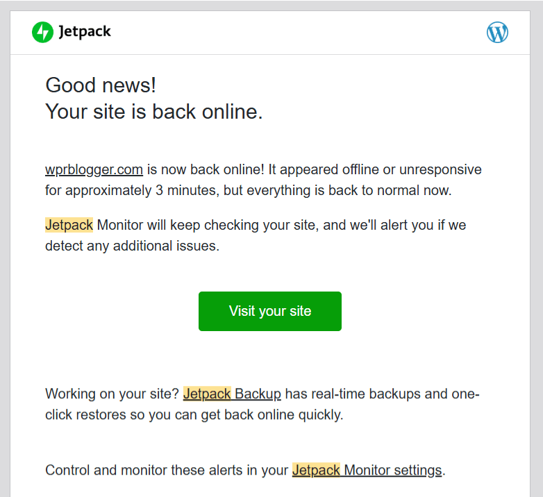 网站服务器监控报告的 Jetpack 支持消息