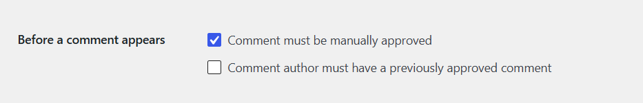 WordPress 讨论设置，显示评论出现在网站前需手动批准的选项