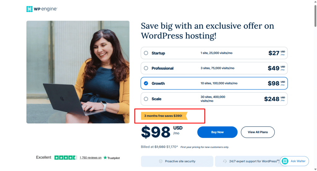 WP Engine 促销页面，提供 Startup、Professional、Growth 和 Scale 方案 WordPress 托管折扣，突出 3 个月免费节省。