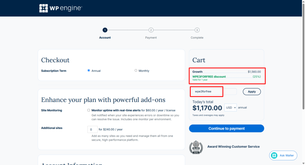 WP Engine 结账页面显示 Growth 方案订阅，优惠码 wpe3forfree 应用获得 25% 折扣。